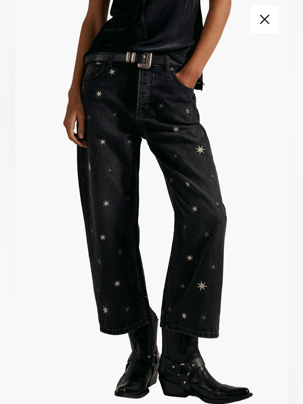 Free People Starry Night Embroidered Star Black Boyfriend Jeans NWT SIZE 29